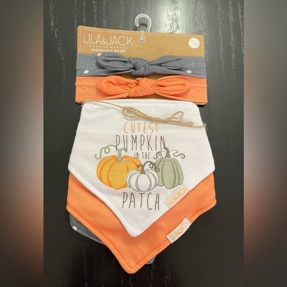 Lila & Jack Cutest Pumpkin in the Patch Bandanna Bibs & Headband Set - Picture 1 of 2
